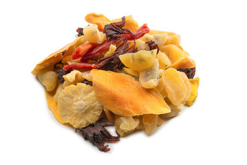 Mix of dried exotic fruit, mangos,slices of pineapples, passion fruit, papaya.