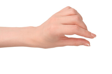 Woman hands with french manicure isolated on white bacckground.