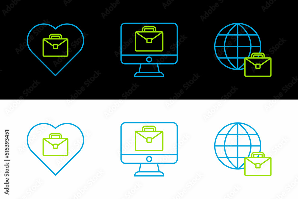 Poster set line online working, heart with text and icon. vector