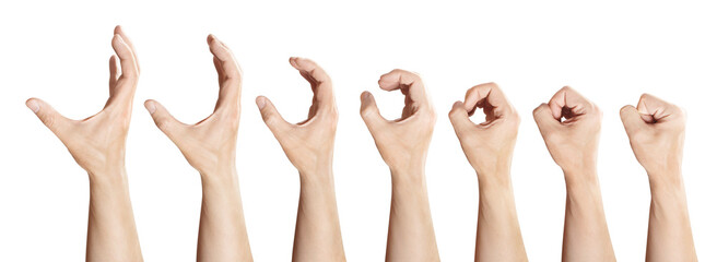 Collection of holding/seizing hand gestures, isolated on white background