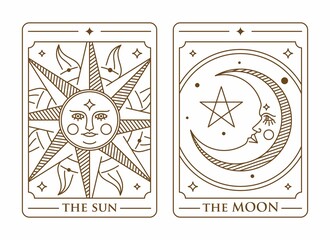  Set of decorative tarot cards the sun and the moon. Vintage mystic sun and moon tarot card in ornamental line art style. Magical banner for astrology. Sun with face. Moon with face. - obrazy, fototapety, plakaty