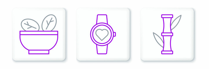 Set line Bamboo, Salad in bowl and Smart watch icon. Vector