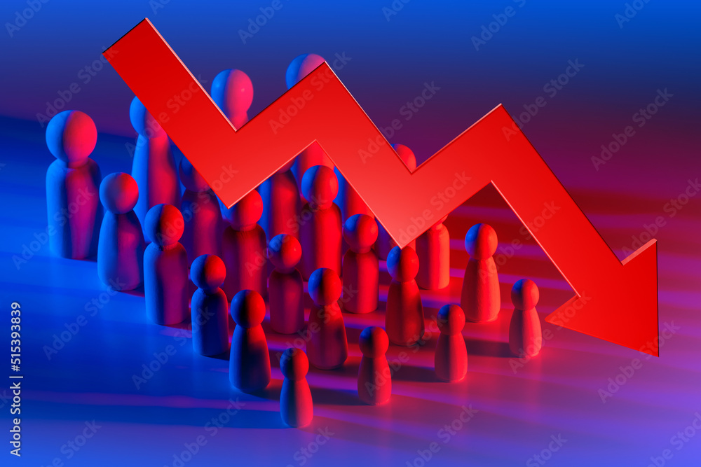 Aufkleber red arrow in front of little men. graph symbolizes population decline. metaphor for population decli