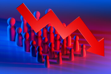Red Arrow in front of little men. Graph symbolizes population decline. Metaphor for population decline in country or city. Neon people. Problems with population decline. 3d rendering. - obrazy, fototapety, plakaty