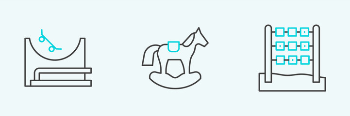 Set line Tic tac toe game, Skate park and Horse in saddle swing icon. Vector - obrazy, fototapety, plakaty