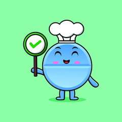 Cute cartoon pill medicine chef character holding correct sign board in vector character illustration