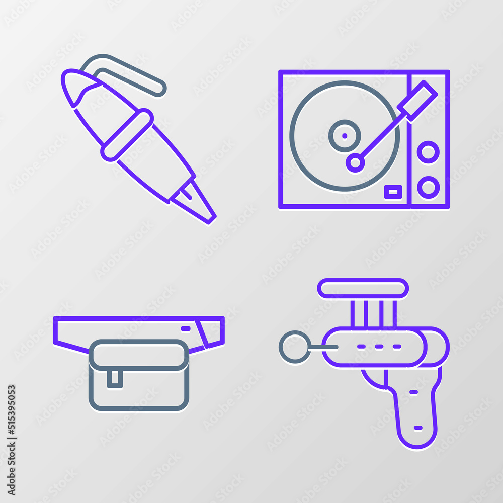 Canvas Prints Set line Ray gun, Waist bag of banana, Vinyl player and Fountain pen nib icon. Vector