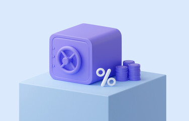 A closed purple safe with a stack of coins. 3d rendering - obrazy, fototapety, plakaty
