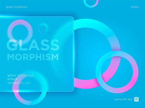 Vector image in the glass morphism style. Translucent Rounded rectangle with grain texture. Frosted glass and abstract rings. Place for your text.