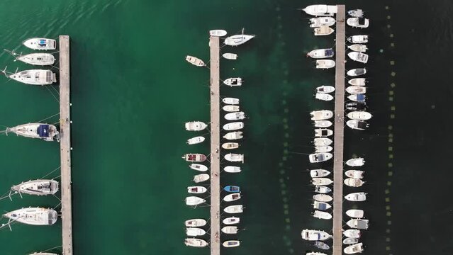 Sea travel concept. Aerial shot, above of the marina with yachts