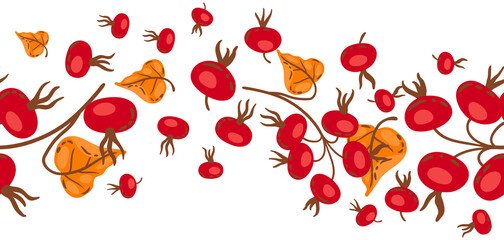 Seamless pattern of branches with rose hips. Image of autumn plant.