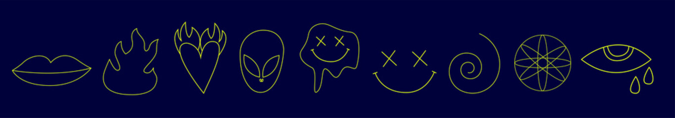 Set of line psychedelic illustrations. Acid retro stickers. Trippy icons