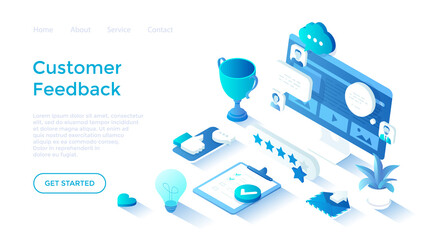 Customer feedback. Five star feedback, site rating. Reviews and comments from clients on the monitor screen. Isometric illustration. Landing page template for web on white background.