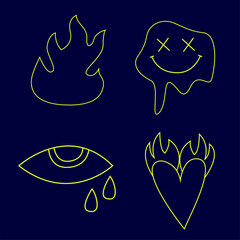 Set of line psychedelic illustrations. Acid retro stickers. Trippy icons. Fire, heart, eye, smile