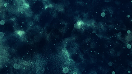 Artistic hand painted multi layered dark green background. dark green nebula sparkle star universe in outer space horizontal galaxy on space. navy blue watercolor and paper texture. wash aqua