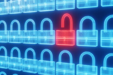 Bunch of blue neon light glowing locks with an exceptional red one. Illustration of online digital security and computer security hole.