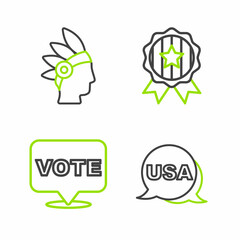 Set line USA Independence day, Vote, Medal with star and Native American Indian icon. Vector