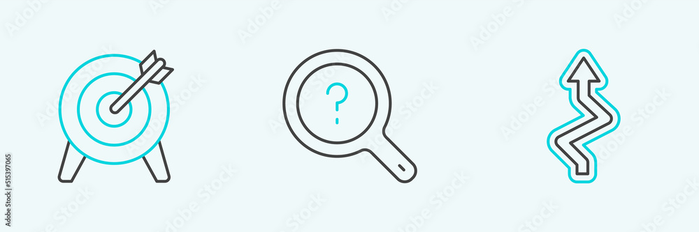 Poster set line arrow, target and unknown search icon. vector