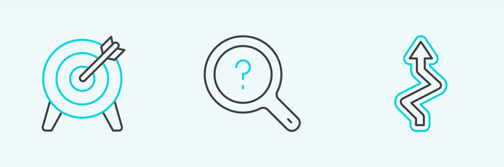 Set line Arrow, Target and Unknown search icon. Vector