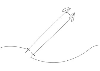 Ski poles one line art. Continuous line drawing of sport, winter, player, sports, activity, skiing, ski, mountains, hill, sticks, vacation, adventure, accessory, tourism, snow, play.