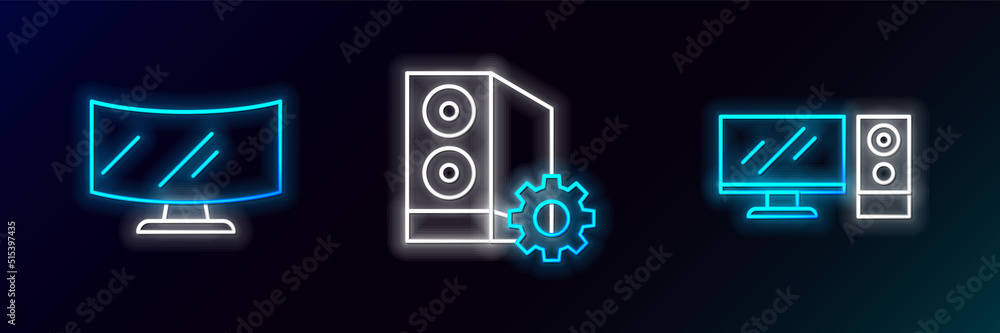 Poster set line computer monitor, screen and case of computer icon. glowing neon. vector