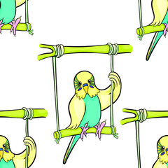 seamless pattern wavy parrot is riding on a swing vector illustration