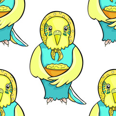  seamless pattern Wavy parrot old grandmother in a kerchief with a plate of food vector illustration