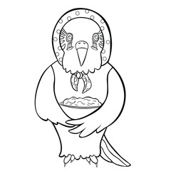 coloring Wavy parrot old grandmother in a kerchief with a plate of food vector illustration