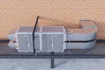 supply and exhaust ventilation unit on the background of a brick wall 3d