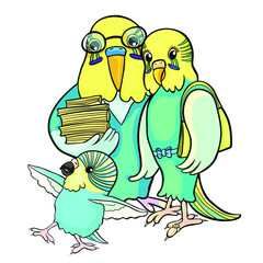 Family of wavy parrots mom, dad and baby vector illustration