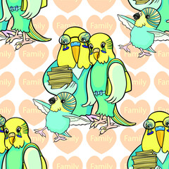 seamless pattern Family of wavy parrots mom, dad and baby vector illustration
