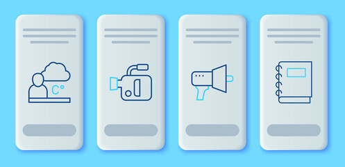 Set line Cinema camera, Megaphone, Weather forecast and Notebook icon. Vector