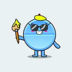 Cute cartoon character Pill medicine painter with hat and a brush to draw in cute design style design 