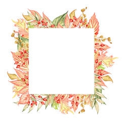 Watercolor frame decorated with beautiful autumn leaves. Fall background with color lives and berries. October season