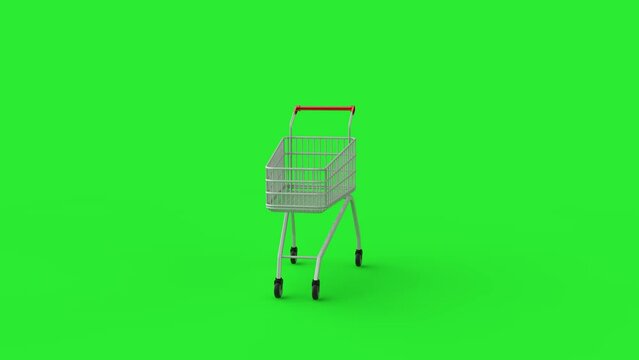 Shopping cart trolley loop spin on a green background. 3d animation