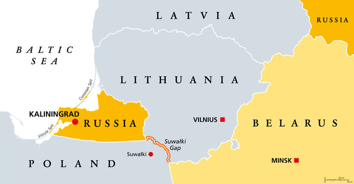 Suwalki Gap, political map. Also known as the Suwalki Corridor, the border starting from the Russian exclave Kaliningrad Oblast to Belarus,  between Lithuania and Poland, near the Polish town Suwalki.