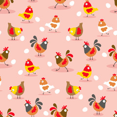 Seamless background pattern with chickens, roosters and eggs