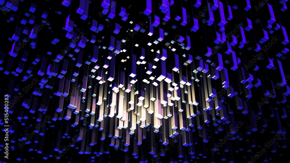 Poster breathtaking optical illusion with modern computer generated 3d rectangular blocks. animation. botto