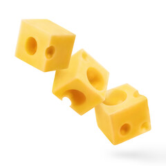 Three delicious cheese cubes, isolated on white background