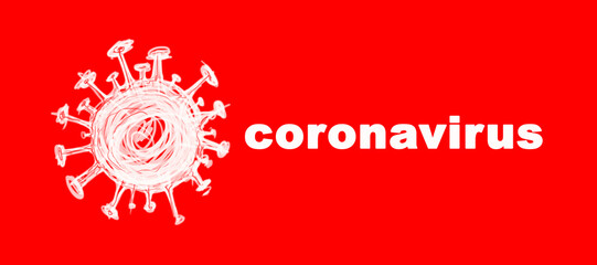 Drawn coronavirus cell on a red background with the words coronavirus.