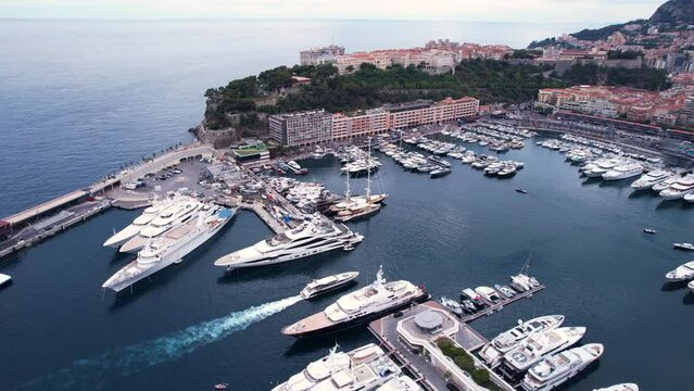 Port de Monaco, Monte Carlo. Drone Aerial View of Boats and Yachts in Harbor