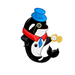 killer whale Gentleman Cartoon Character. orca in top hat, with monocle and retro pocket watch vector illustration isolated. underwater wild sea animal. shark dolphin funny picture for mascote, stiker