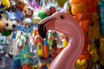 Inflatable flamingo for swimming in the pool in the store with toys for summer holiday