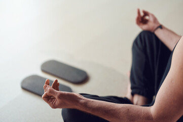 Practice of standing on nails. Man meditation after practice of standing on sadhu board in yoga...