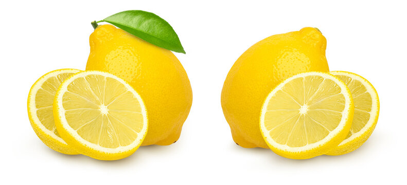 ripe lemon fruit and lemon slices with leaves isolated on white background, Fresh and Juicy Lemon