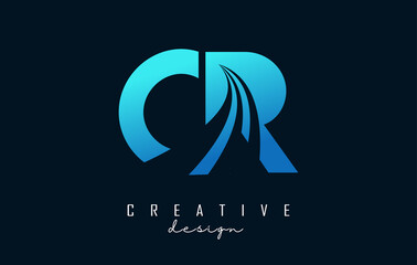 Creative blue letters CR c r logo with leading lines and road concept design. Letters with geometric design.