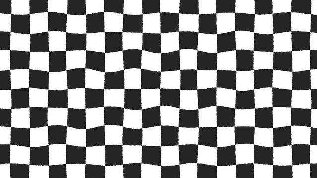 Wavy Black And White Checkers Animated Background, 4K Video. Distorted Checkerboard, Seamless Loop, Racing Motion Graphics, Video Stream and Channel Backdrop