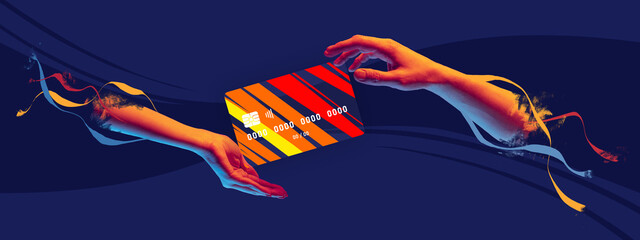 Contemporary art collage. Modern colorful design with credit card on human hand isolated on dark blue background - obrazy, fototapety, plakaty