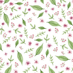Seamless pattern with watercolor pink flowers and leaves. Floral summer background with watercolor flowers. For romantic background or textile