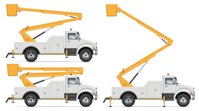 Bucket truck vector illustration isolated on white background. Cherry picker truck side view mockup. All elements in the groups for easy editing and recolor